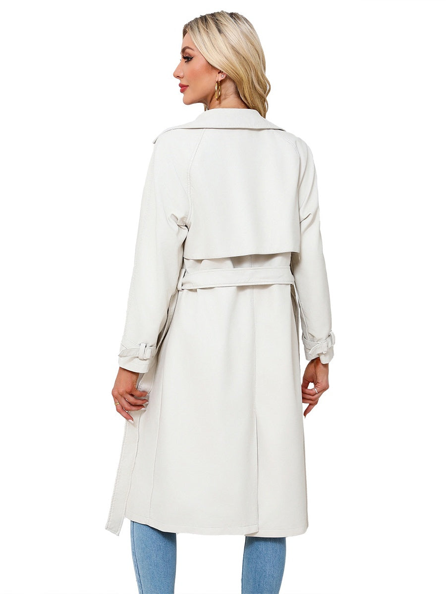 Long And Loose Lace Up Lapel Leather Jacket