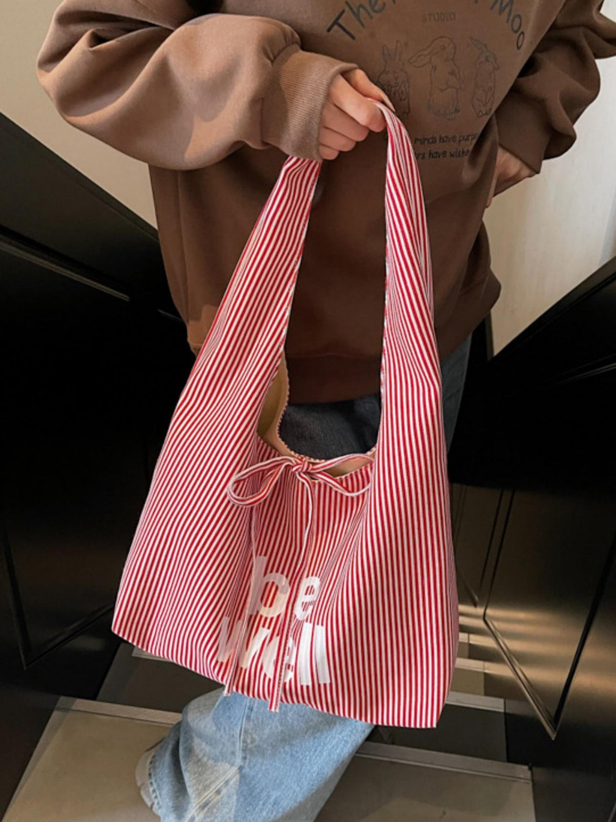 Sac bandoulière décontracté à rayures, grande capacité, avec imprimé lettres tendance et original