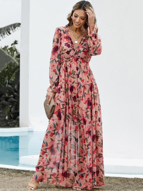 Robes maxi à imprimé floral, col en V et manches lanternes