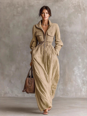 Zippered Lapel Elastic Waist Long Dress
