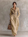 Zippered Lapel Elastic Waist Long Dress