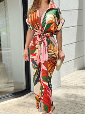 Lapel Shirt Dress Short-sleeved Single-breasted High-waisted Maxi Dresses