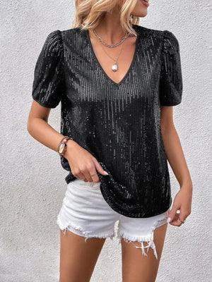 Sequins V-neck Short Sleeve T-shirt