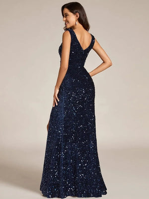 Dark Blue Sequined High Slit Maxi Dresses