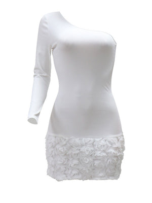 Einseitig bedrucktes, langärmeliges Abendkleid mit Paspelierung, 3D-Blumen, Hüftwickel, Mini- und Kurzkleider