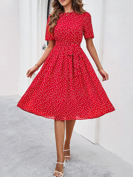 Polka Dots Crew Neck Waist Tie Short Sleeves Maxi Dresses