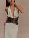 Deep V-neck Silk Satin Maxi Dress With Halter Neck And Cinched Waist