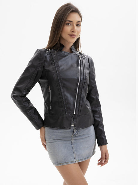 Street Cool Slim Fit Beading Leather Jacket