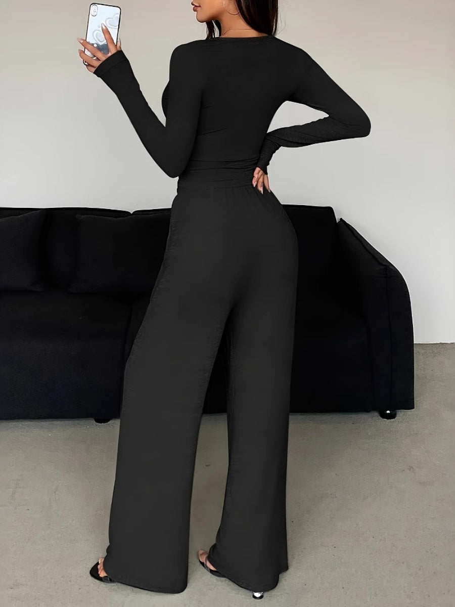 Long Sleeve Buttons Solid Color Tight Top Pants 2-piece Sets