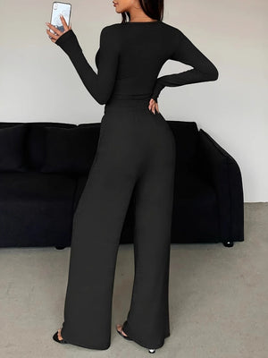 Long Sleeve Buttons Solid Color Tight Top Pants 2-piece Sets