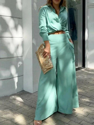 Solid Color Loose-fitting Wide-leg Pants Two-piece Set