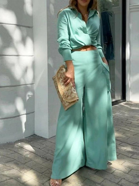 Solid Color Loose-fitting Wide-leg Pants Two-piece Set