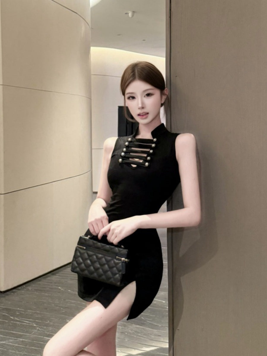 Stand-up Collar, Hollow-out, Slim-fit, Waist-cinching, Slit, Bodycon Short Dress