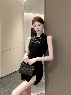 Stand-up Collar, Hollow-out, Slim-fit, Waist-cinching, Slit, Bodycon Short Dress