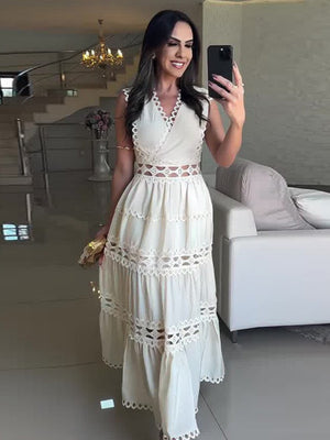 Openwork Embroidery V-neck Slimming Maxi Dresses