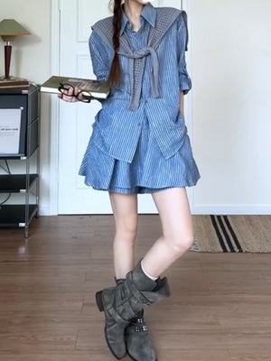 Korean Style Simple And Gentle Navy Striped Two-piece Set
