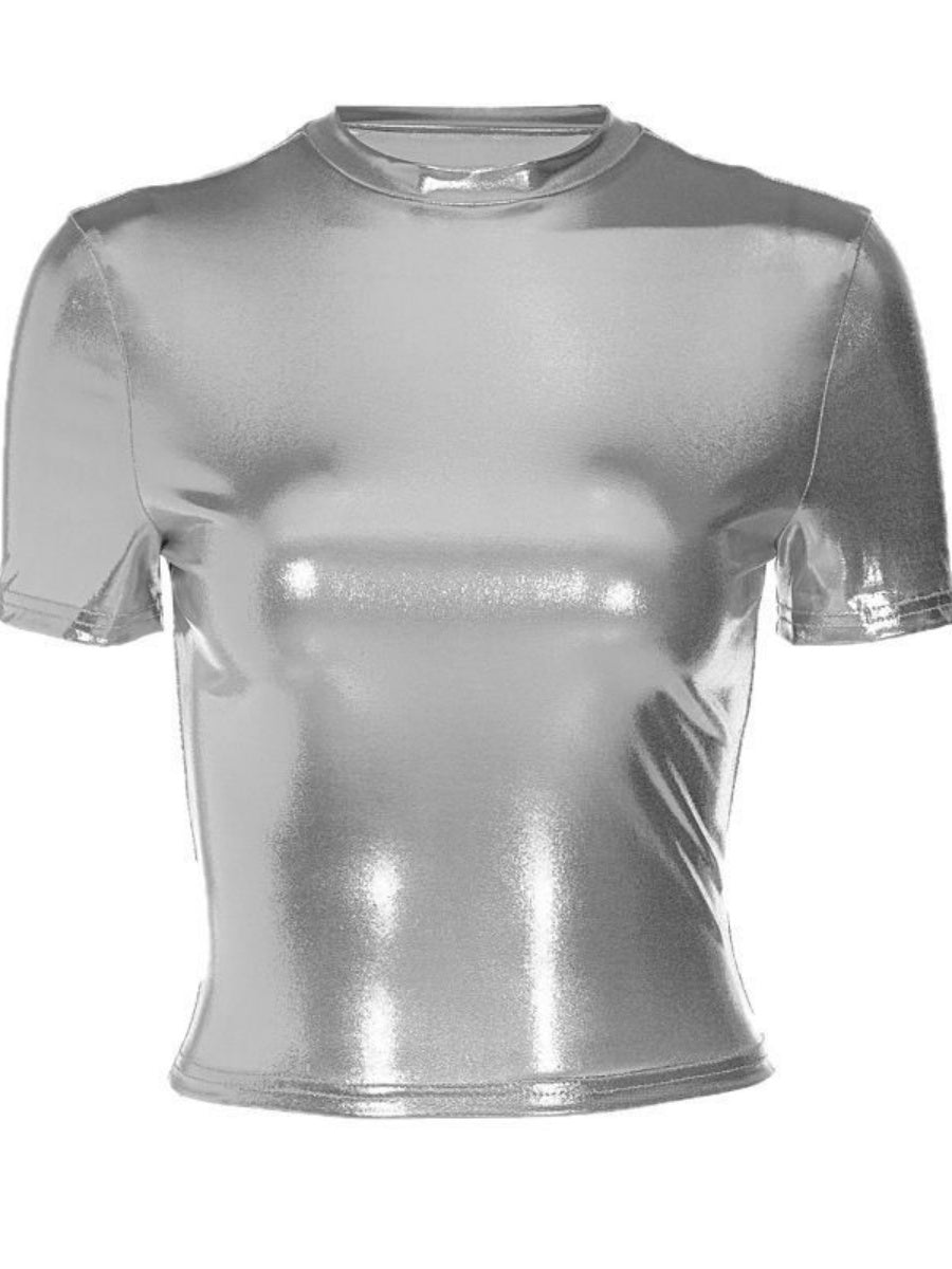 Metallic Color Crew Neck Short Sleeve Tight Fit T-shirts