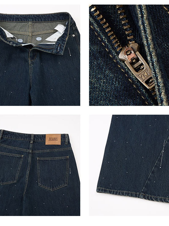 Retro Hot Brick Raindrop Design Blue Gray Loose Straight Leg Jeans