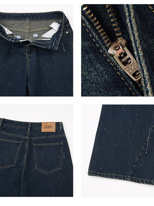 Retro Hot Brick Raindrop Design Blue Gray Loose Straight Leg Jeans