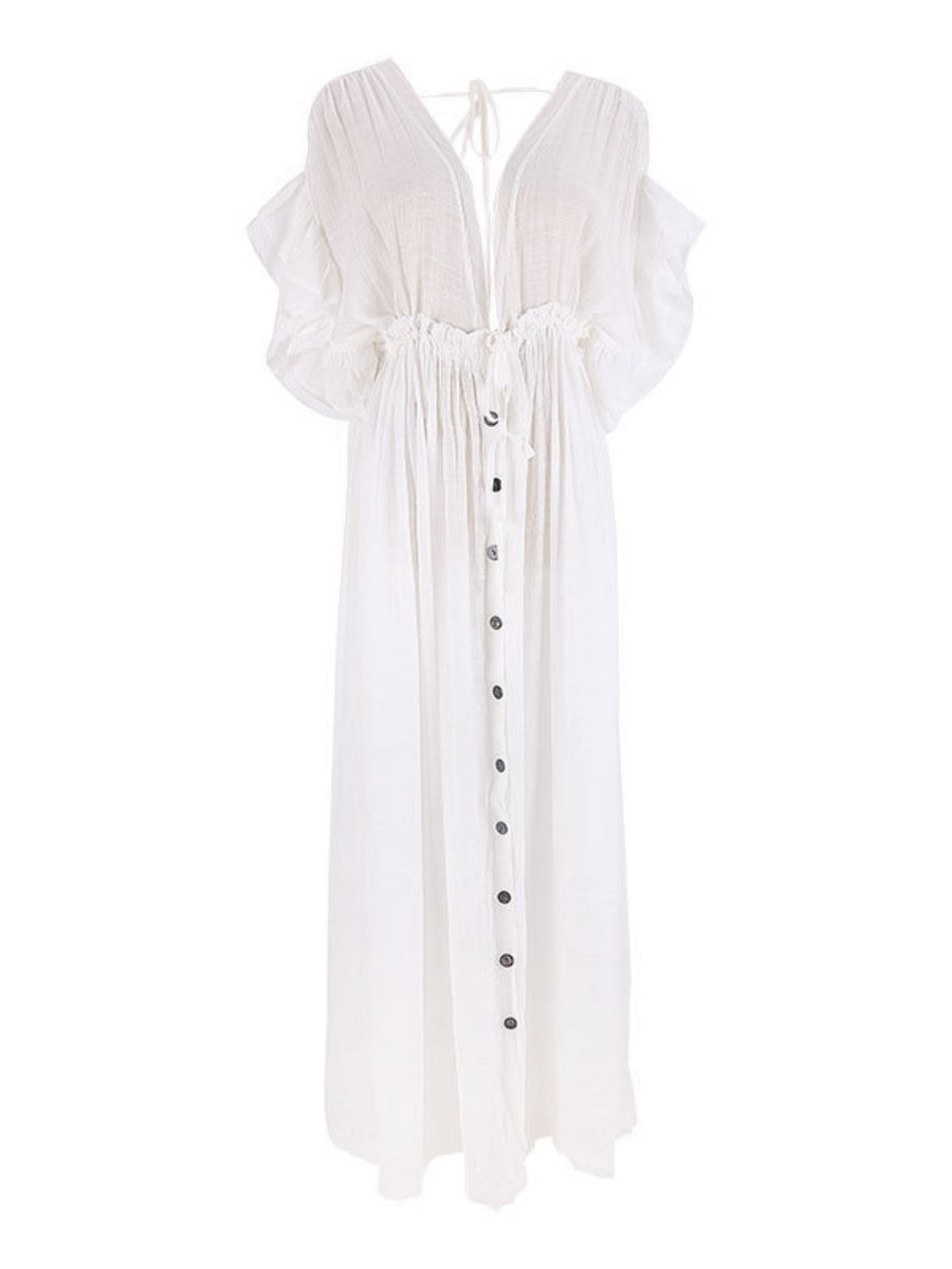 Bamboo-joint Fabric Button Waist Rope Long Cardigan Vacation Beach Jacket Sun Protection Long Skirt Bikini Cover-up