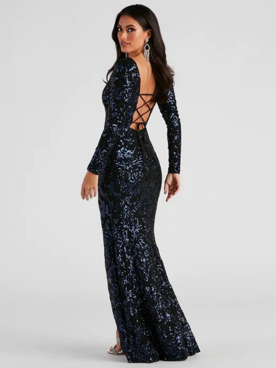 Liber Autumn women's sequins High slit Long-sleeved square-neck long dress