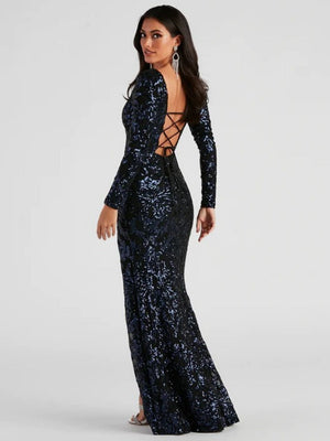 Liber Autumn women's sequins High slit Long-sleeved square-neck long dress