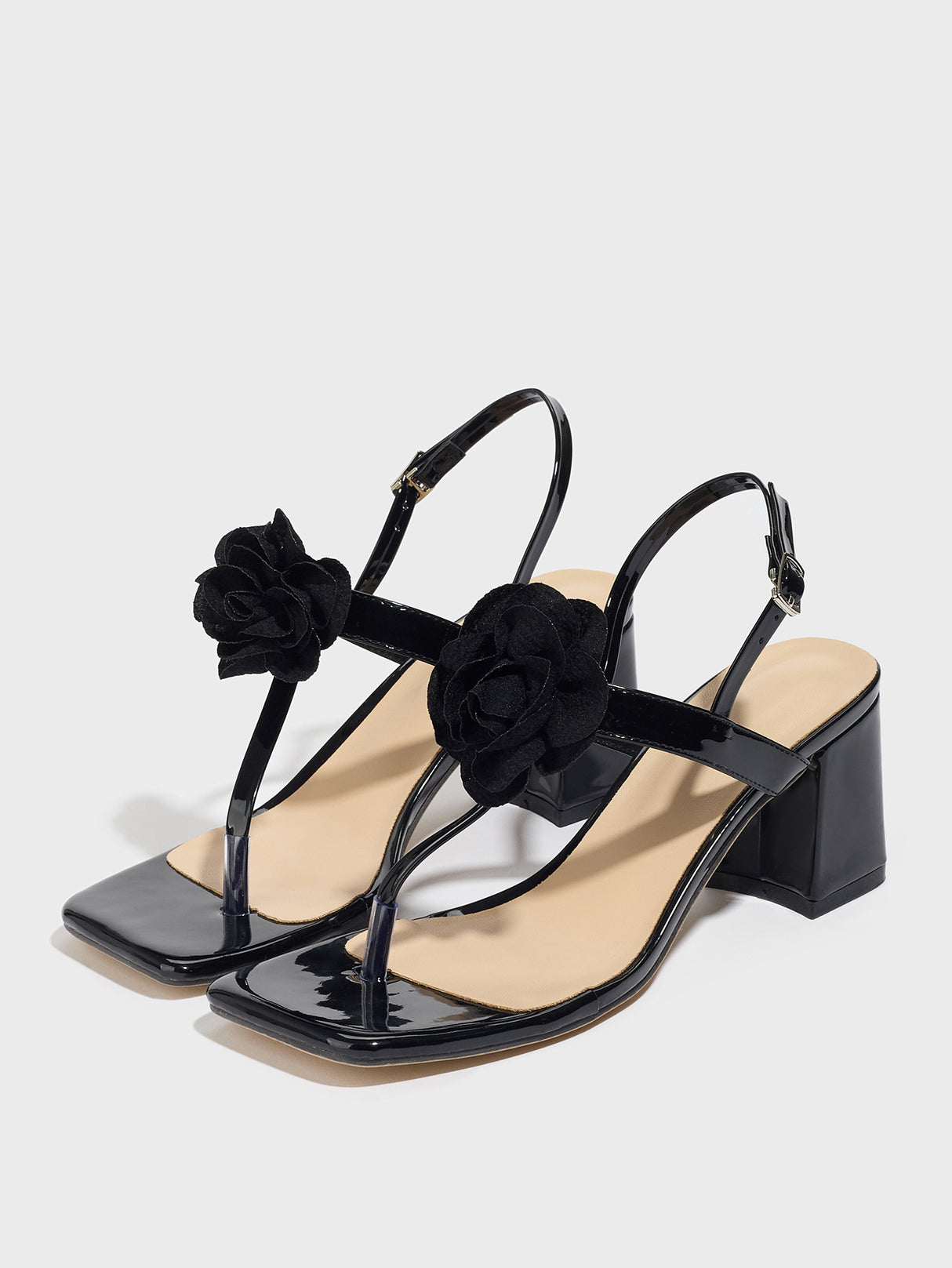 Black 3D Floral Flip-flop High-heeled Sandals