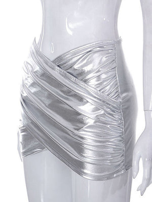 PVC Glossy Patent Leather Cross Pleats Sexy Short Skirt