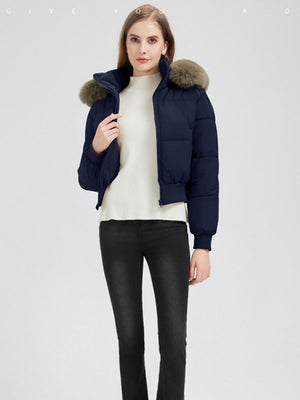 Hooded Fleece-lined With Fur Collar Short Leisure Outdoor Cotton-padded Clothing