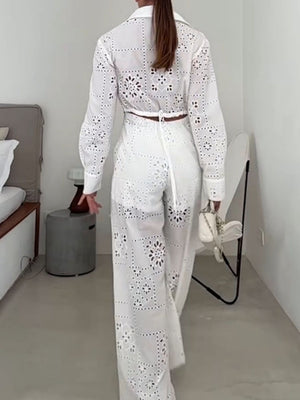 Hollow Applique Straight-leg Vacation Jumpsuit
