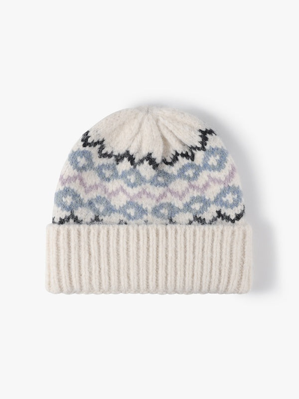 Gestreifte Jacquard-Mütze mit Umschlag, dick gestrickte Wintermütze, mit Thermofleece gefüttert, Einheitsgröße