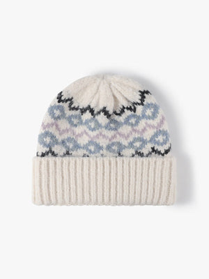 Gestreifte Jacquard-Mütze mit Umschlag, dick gestrickte Wintermütze, mit Thermofleece gefüttert, Einheitsgröße