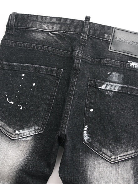 Punk Black Ripped Patch Paint Slim Mid-rise Straight-leg Jeans