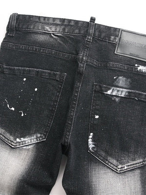 Punk Black Ripped Patch Paint Slim Mid-rise Straight-leg Jeans
