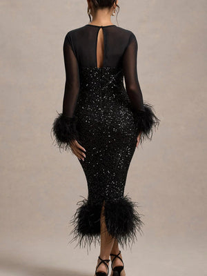 Feather-Trim Sequin Backless Slit Bodycon Dress