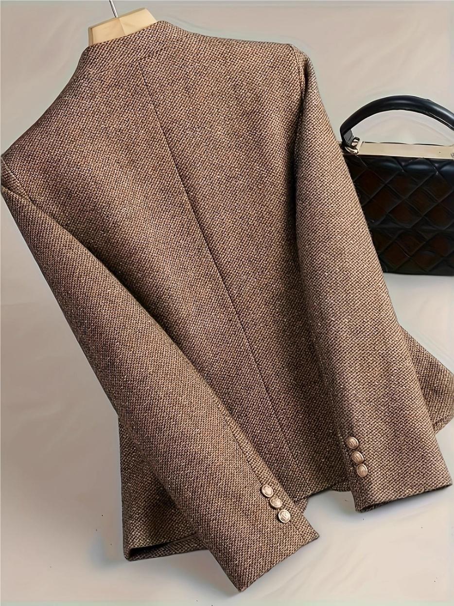 Tweed Fabric Notch Collar Flower Brooch Slim Fit Temperament Short Blazers