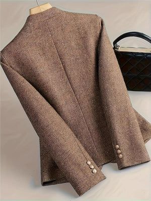 Tweed Fabric Notch Collar Flower Brooch Slim Fit Temperament Short Blazers