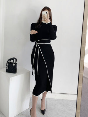 Autumn/Winter Retro Niche High-Neck Slim Fit Elegant Color Block Mid-Length Tie-Waist Knit Dress