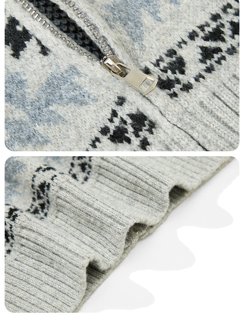 Fair Isle Contrasting Colors Jacquard Preppy Style Knitted Cardigan