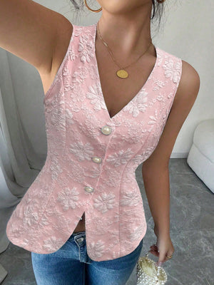 Jacquard Pearl Buttons V-neck Sleeveless Tank Tops&Camis