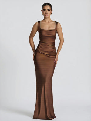 Satin Pleats Formal Dress Dinner Maxi Dresses