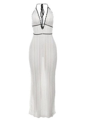 V-neck Halter Neck Backless Knitted Beach Maxi Dress