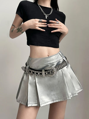 PU High-waisted No Belt Pleated Skirt