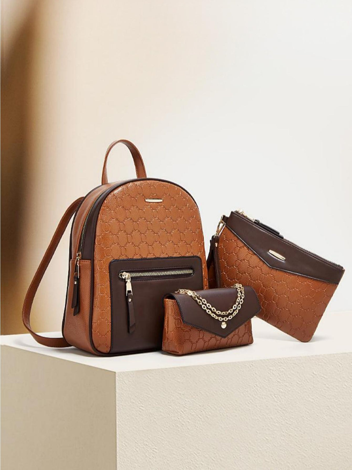 Color-blocked Embossed Backpack 3-piece Set