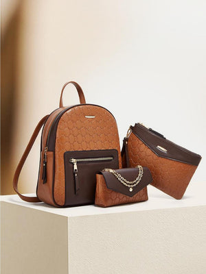 Color-blocked Embossed Backpack 3-piece Set