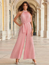 Halter-neck Sleeveless Waist Cinching With Straps High-waisted Pleats Jumpsuits