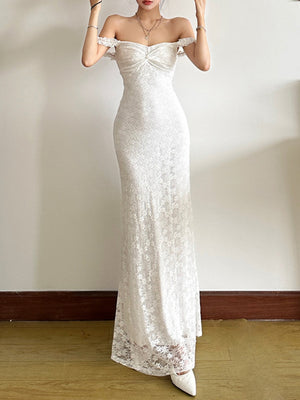 Lace Jacquard Square Neck Suspenders Sweet Pleats Maxi Dresses