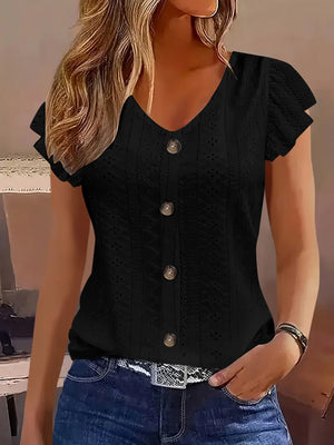 Jacquard Hollow Out Lotus Leaf Sleeves Buttons Crew Neck T-shirts