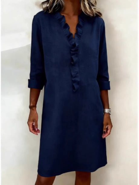 Ruffled Trim Long-sleeved Cotton-linen Short Dress