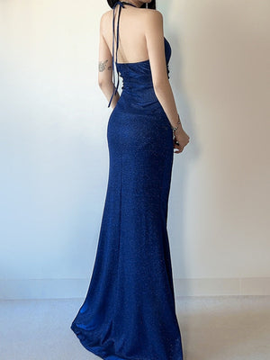 Halter Neck Backless V-neck Fine Flash Waist Corset Pleats Slit Dinner Party Long Dress